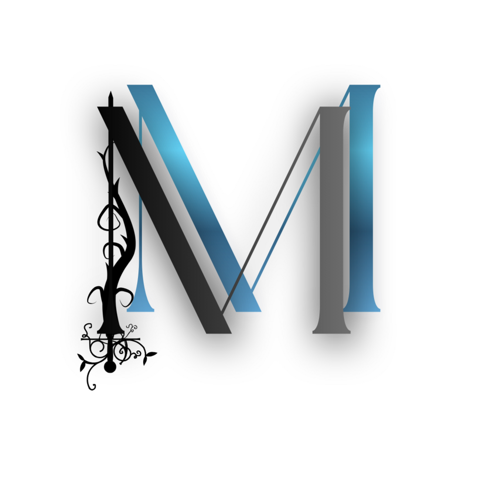 MM logo M in black with vines, thorns, and a sweet pea flower, shadowed by M in gradients of blue emerging from the darkness.